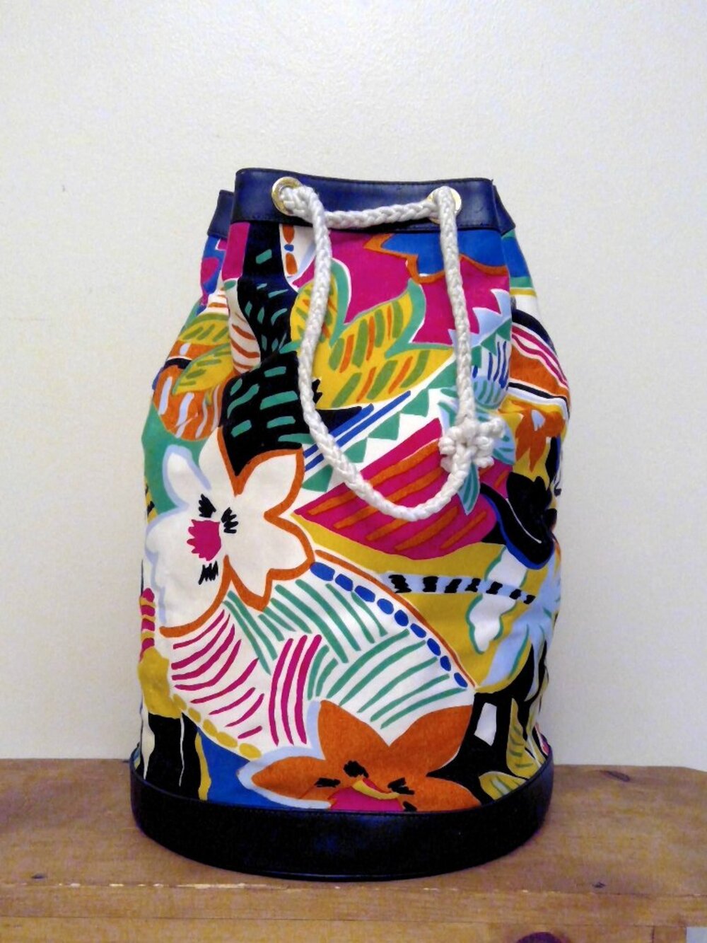 Vintage Escada Floral Canvas Bucket Bag Tote w/ Black Leather Gold Accents